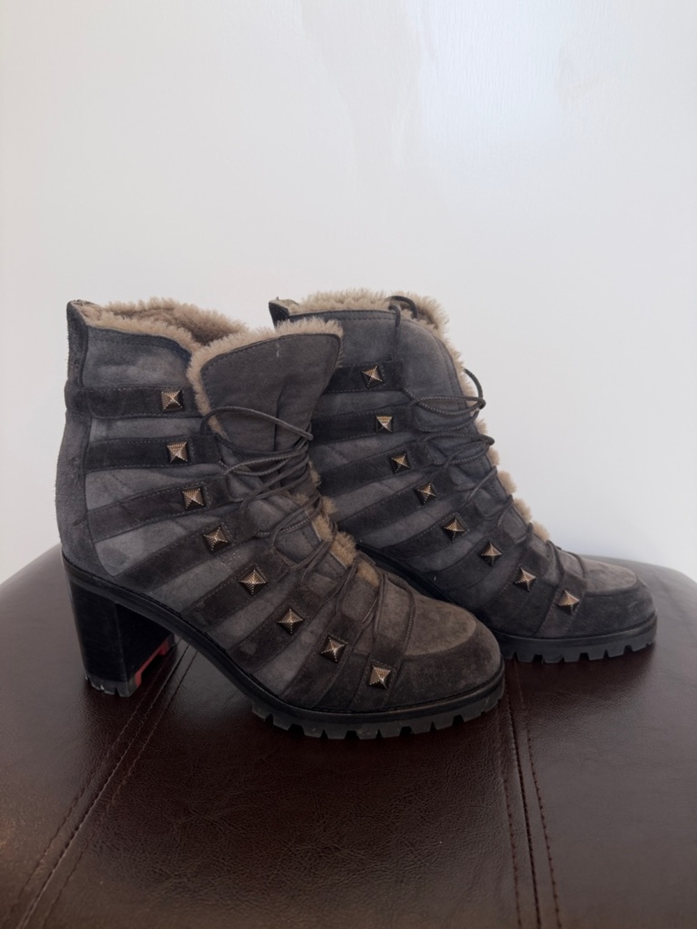 Christian Louboutin Gray Suede Studded Fur-Trim Ankle Boots